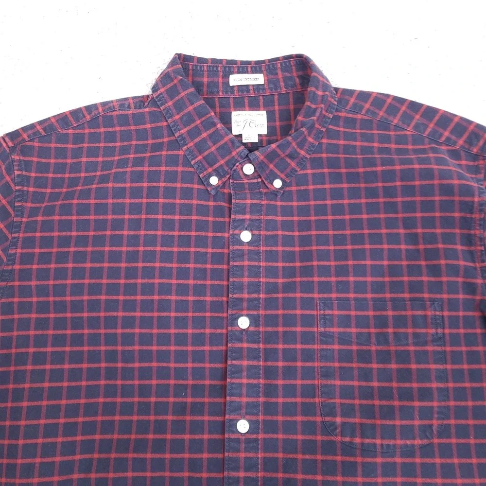 J.CREW Button-Up Shirt‎ XL Slim Untucked Fit American Pima Cotton Navy Blue Red
